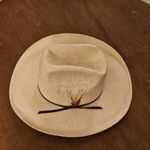 Vintage Cream Straw Cowboy Hat with Feather Accent - Miller Bros Sz 7 & 7 1/4